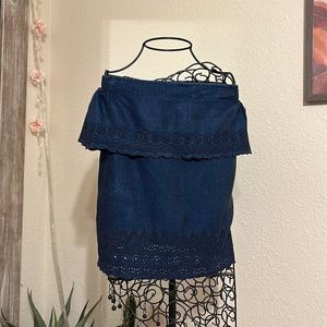 Gap Embroidered Smock Off The Shoulder Ruffle Sleeve Boho Dark Indigo Denim